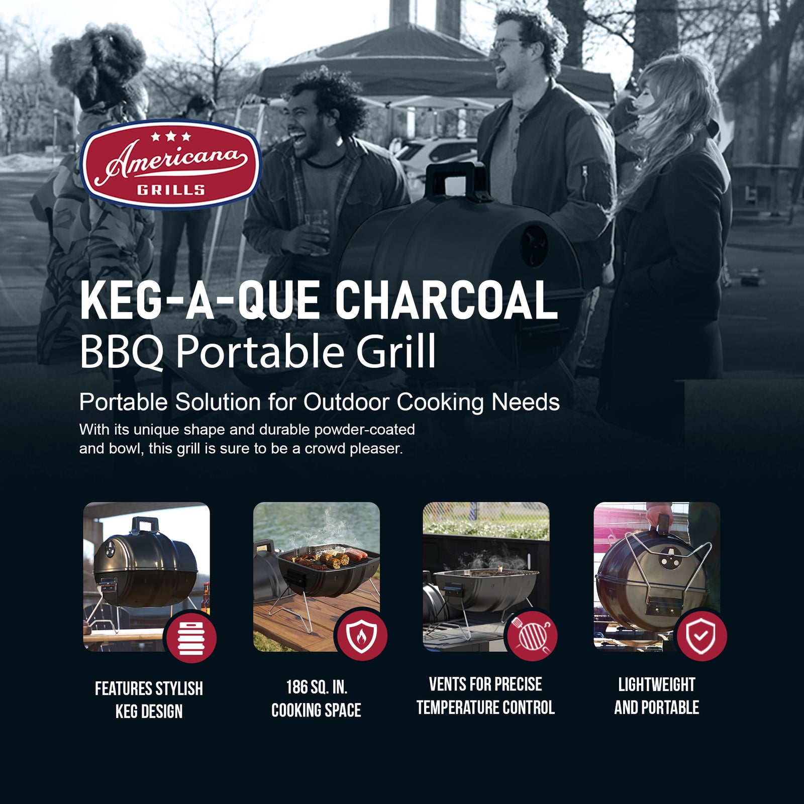 Americana Grills Keg A Que Charcoal BBQ Portable Grill, 186 Square In (Open Box) - VMInnovations