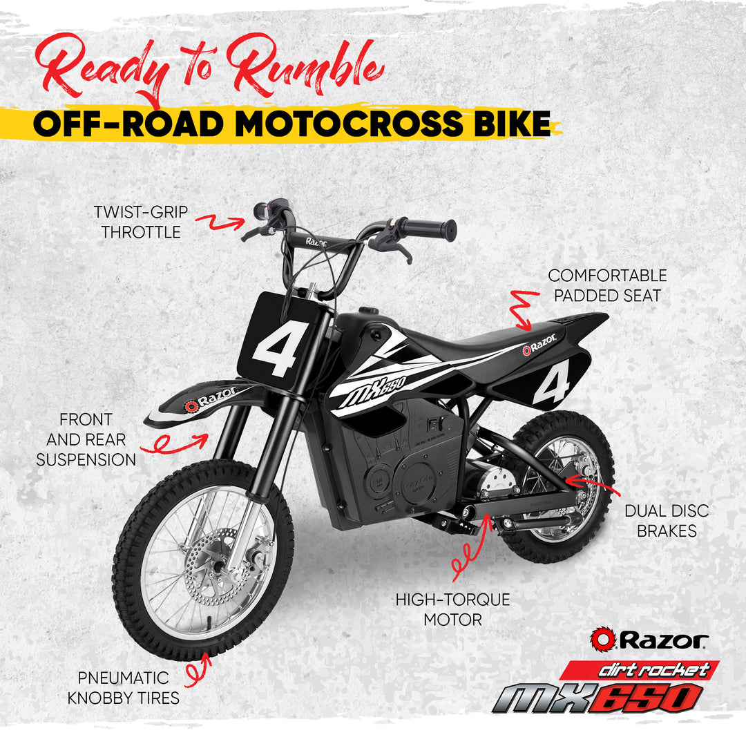 Razor MX650 Dirt Rocket Electric Motocross Dirt Bike, 17 MPH, Black (Open Box)