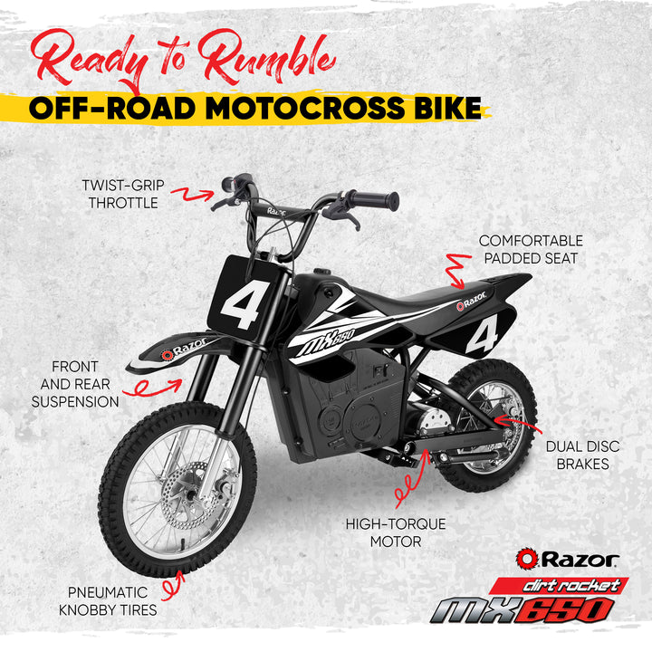 Razor MX650 Dirt Rocket Electric Motocross Dirt Bike, 17 MPH, Black (Open Box)