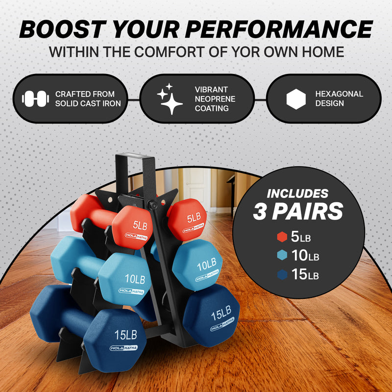 HolaHatha 5, 10, and 15 Pound Neoprene Dumbbell Weight Set with Storage Rack