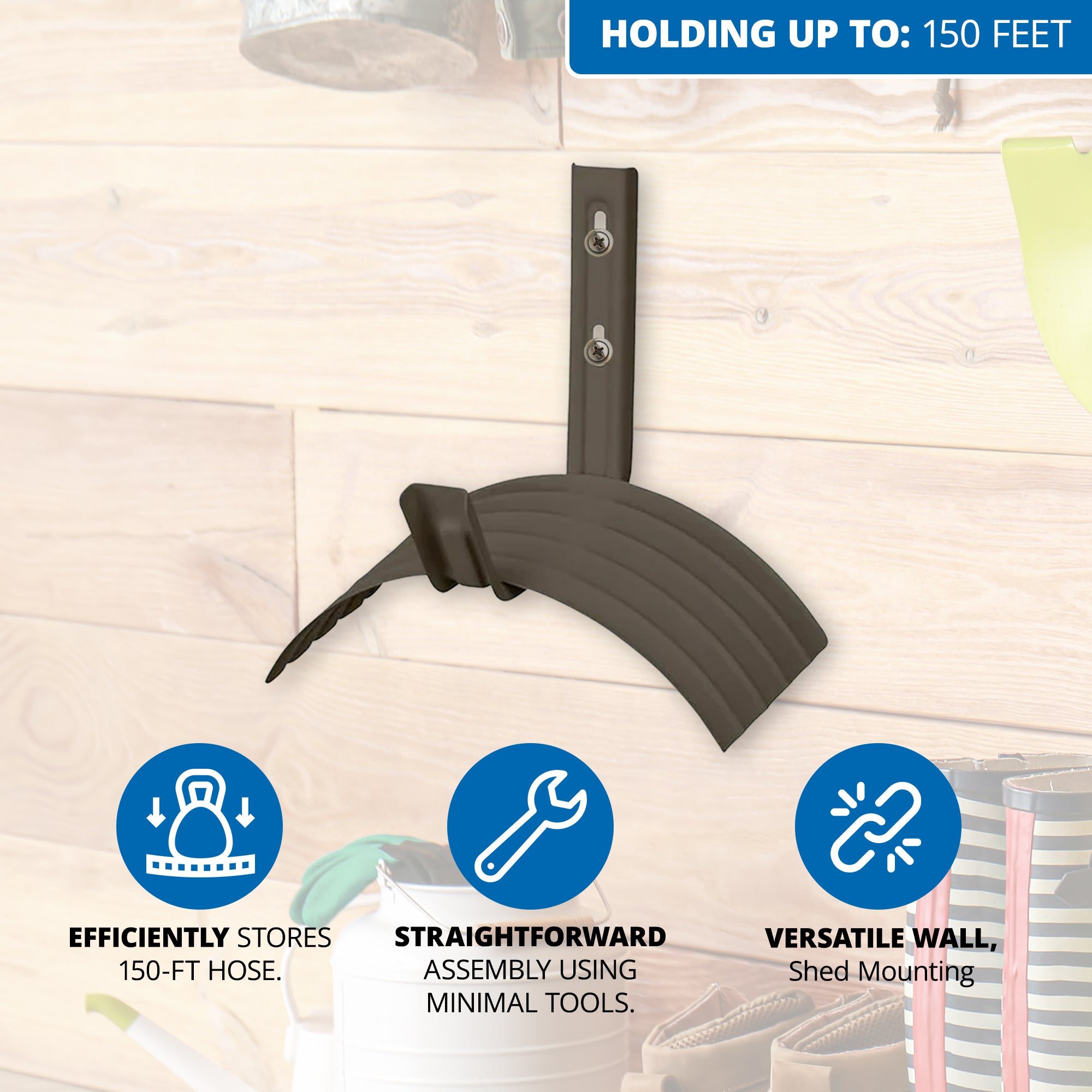 Suncast Metal Wall Mount Hose Hanger Holds up to 150 Foot Garden Hose, Brown - VMInnovations