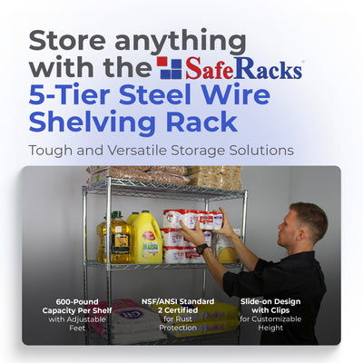SafeRacks 18 x 36 x 72" 5 Tier Steel Wire Storage Shelving Rack w/Wheels, Silver - VMInnovations