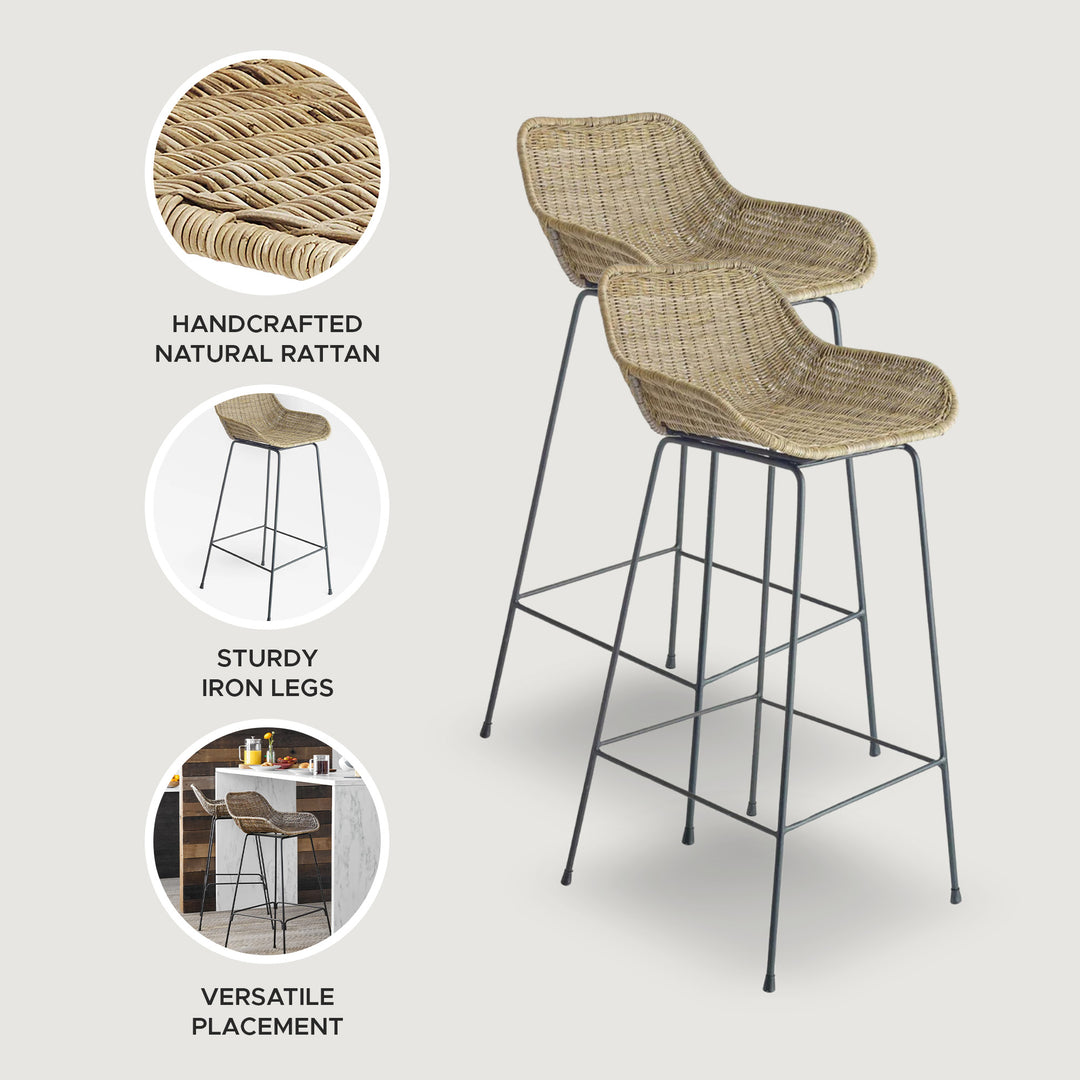 texxture 2 Pack Ormond Woven Rattan Bar Stool Metal Legs Home Furniture, Natural