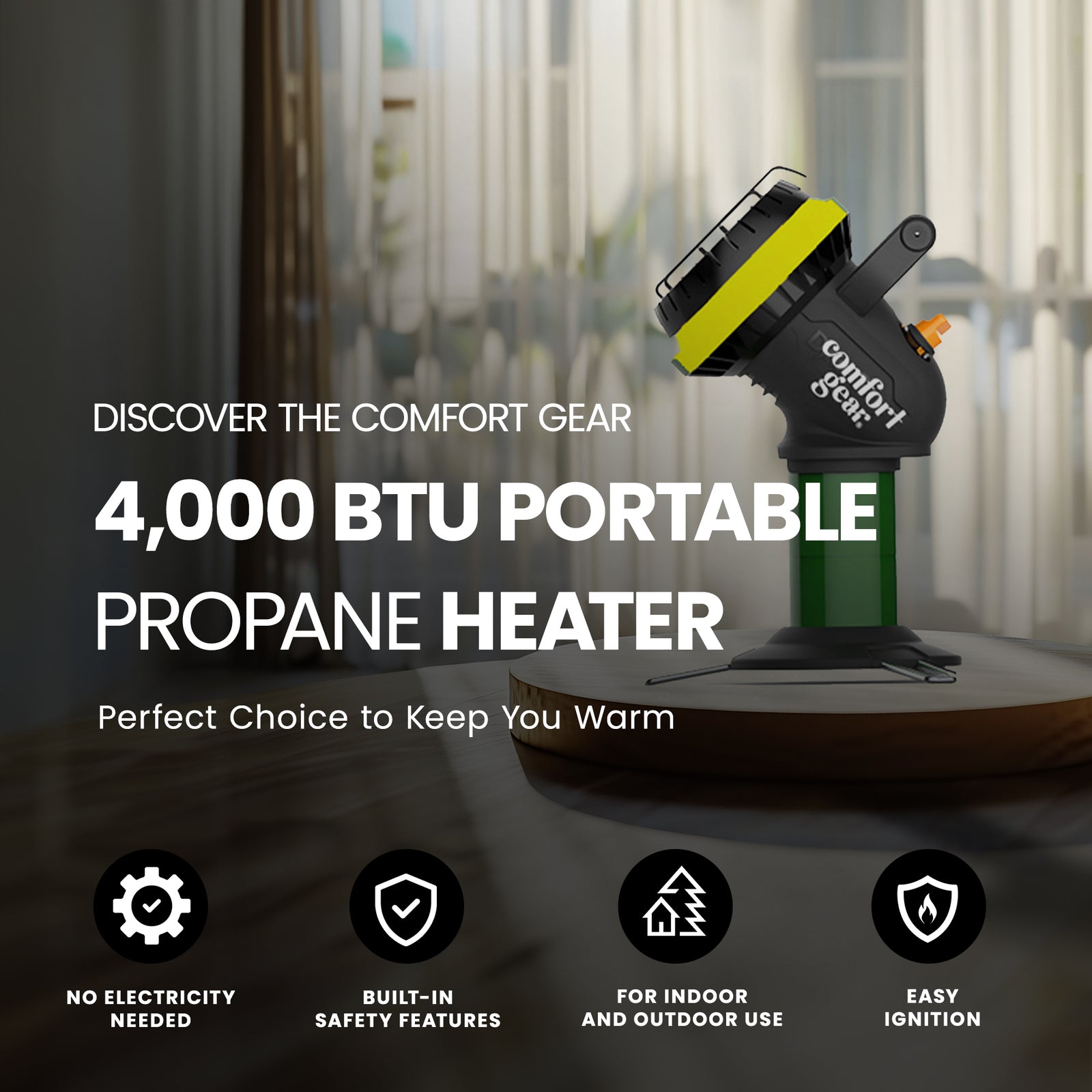 Comfort Gear Portable Propane Heater, Indoor Safe, 4000 BTU, Fits 1 lb LP Tank - VMInnovations