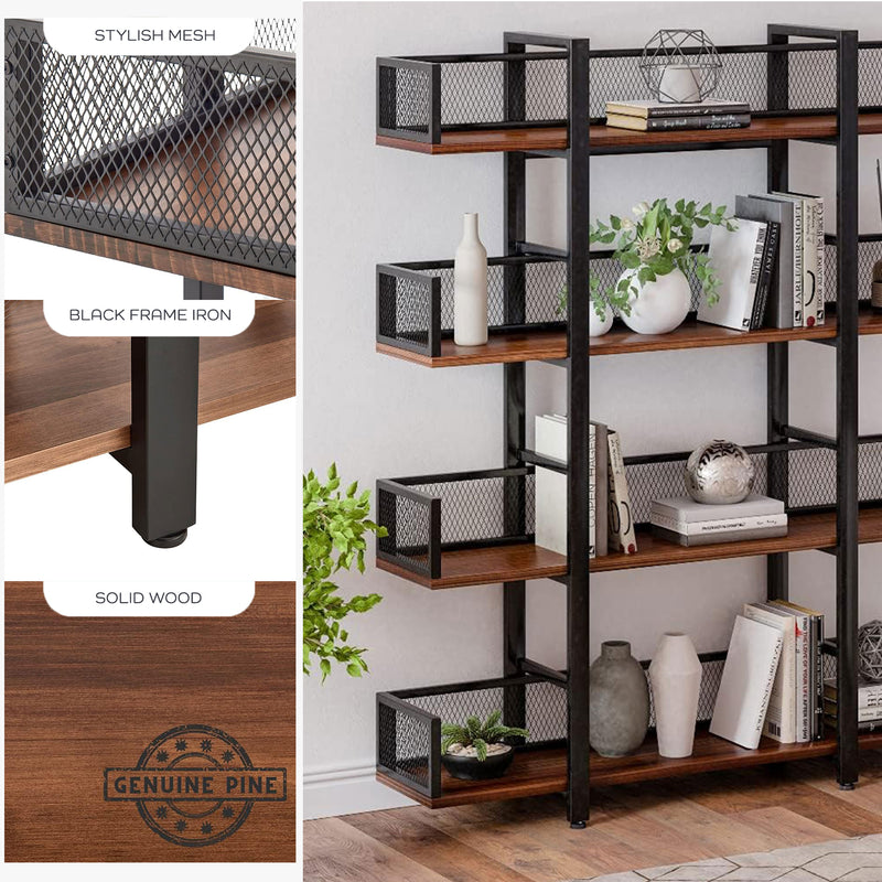 Sturdis 4 Tier Solid Wood Metal Bookshelf with Mesh Barriers, Black (Open Box)