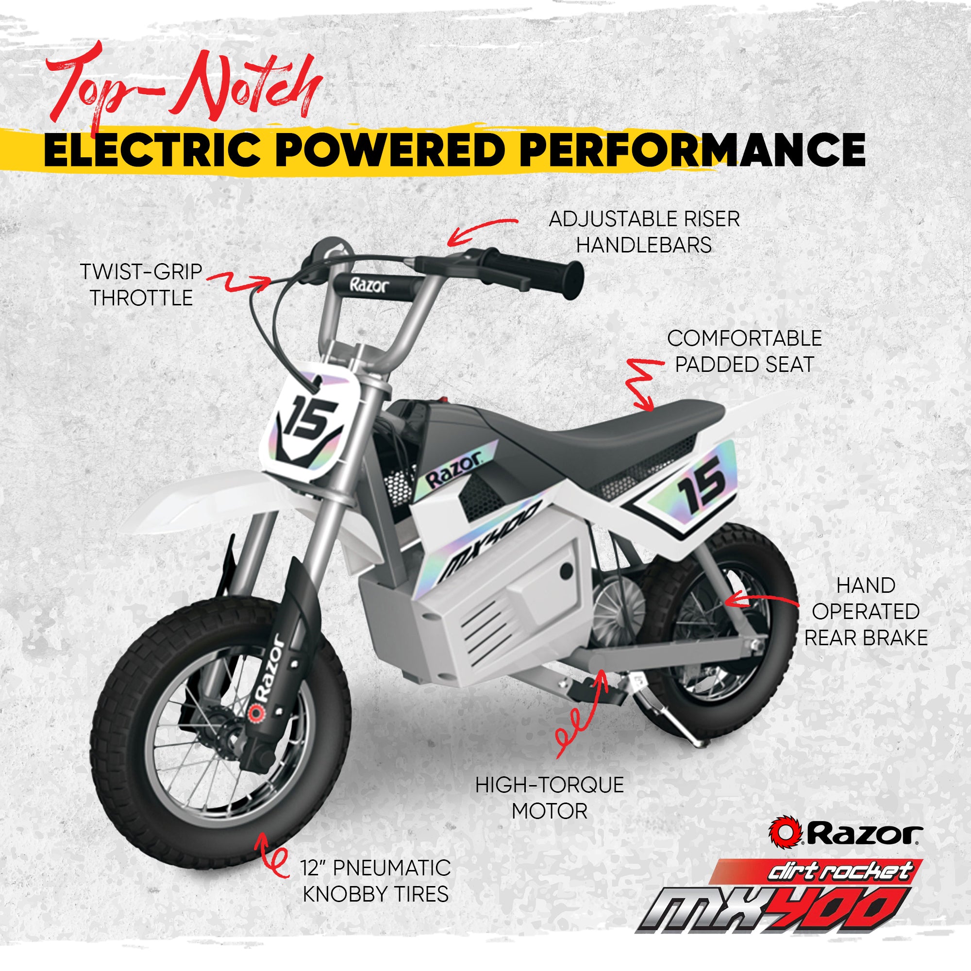 Razor MX400 Dirt Rocket 24V Electric Toy Motocross Motorcycle Dirt Bike, White - VMInnovations