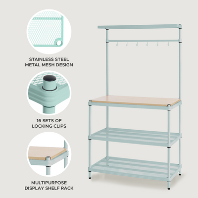 Design Ideas MeshWorks Metal Storage Utility Wood Top Shelving Unit Rack, Green - VMInnovations