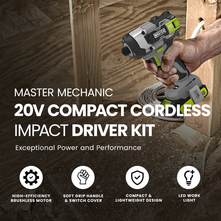 Master Mechanic 20 Volt Compact Cordless Impact Driver Kit with Brushless Motor - VMInnovations