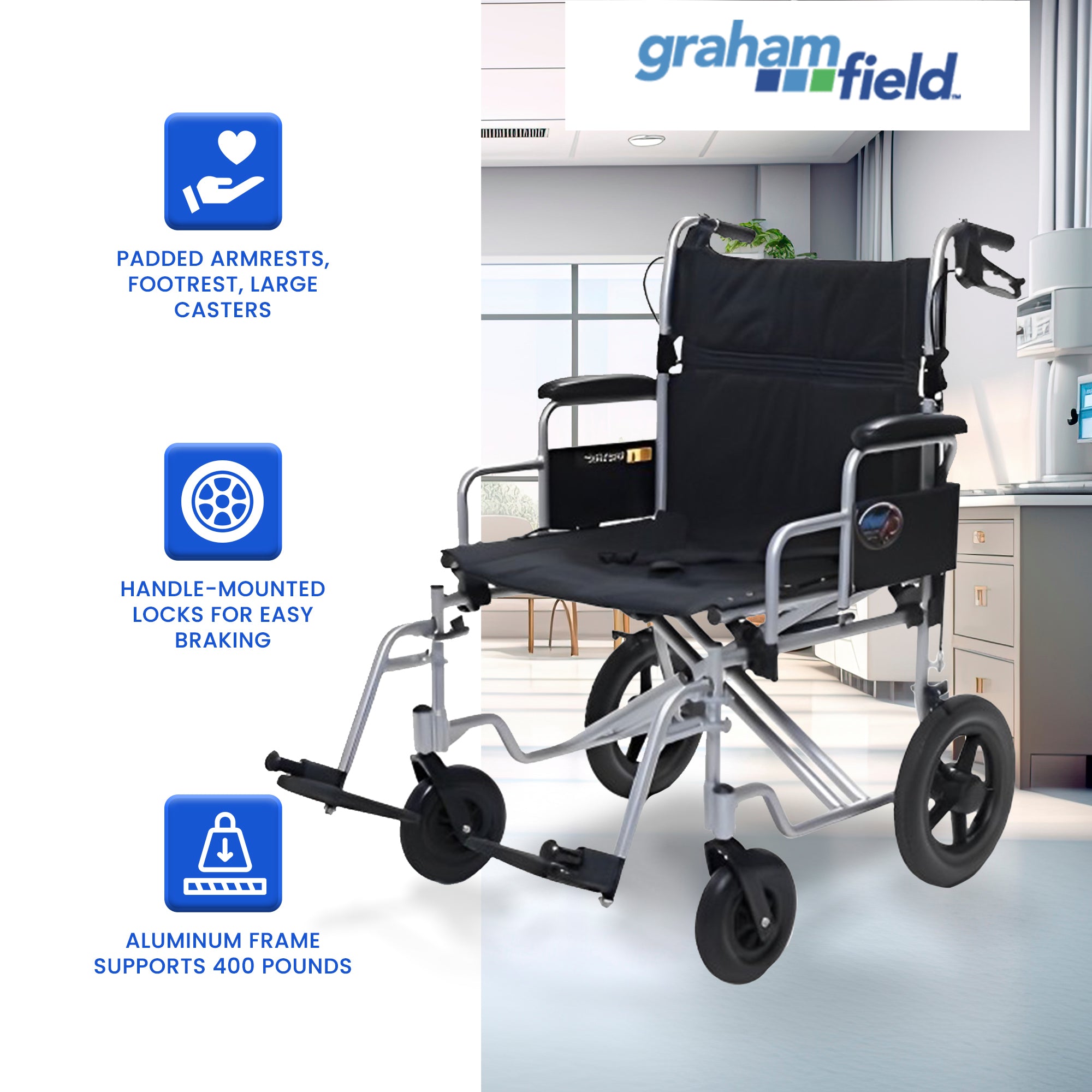 Graham Field Aluminum 24 Inch Durable Bariatric Transportation Wheelchair, Black (For Parts)