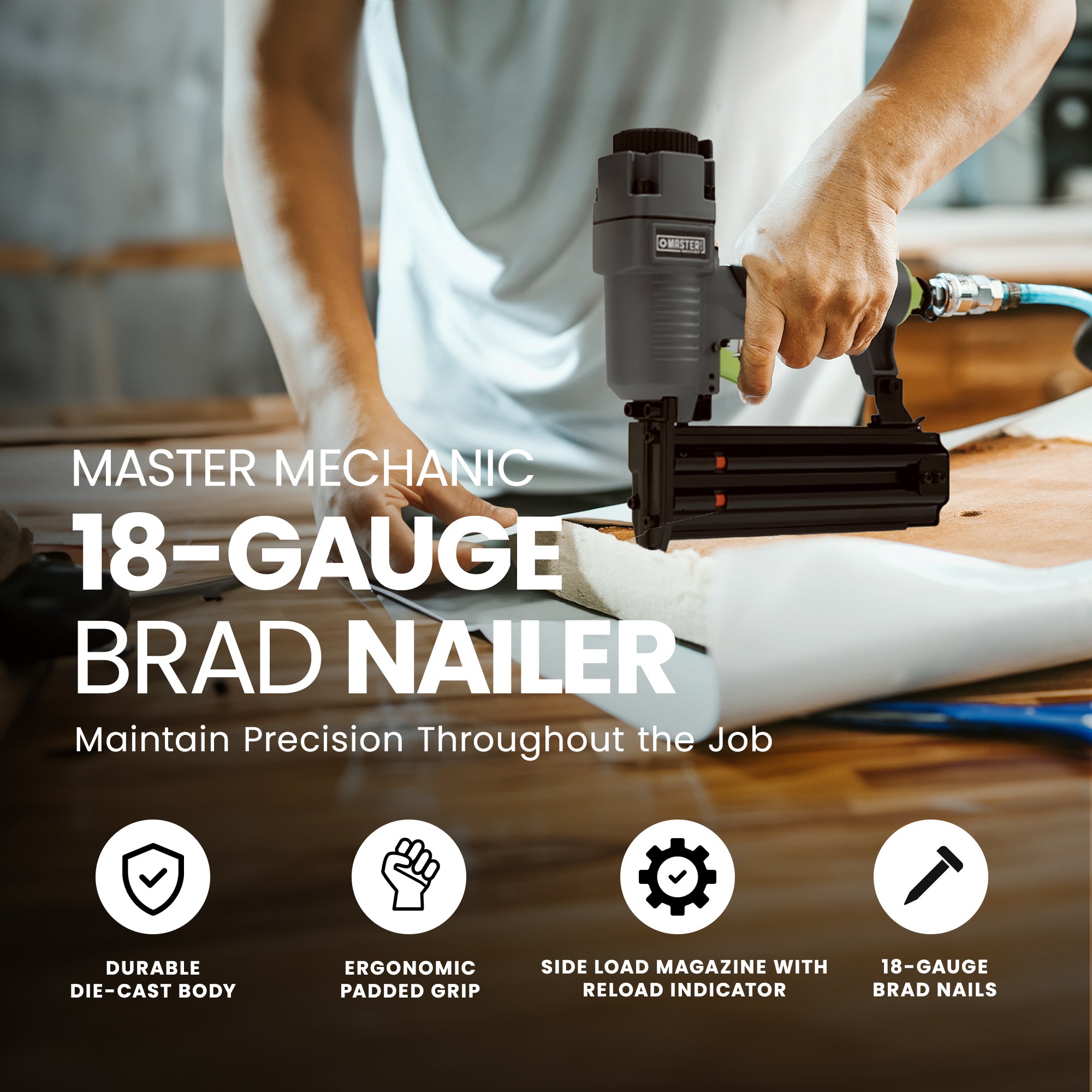 Master Mechanic Pneumatic18G Lightweight Die Cast Aluminum Brad Nailer(Open Box) - VMInnovations
