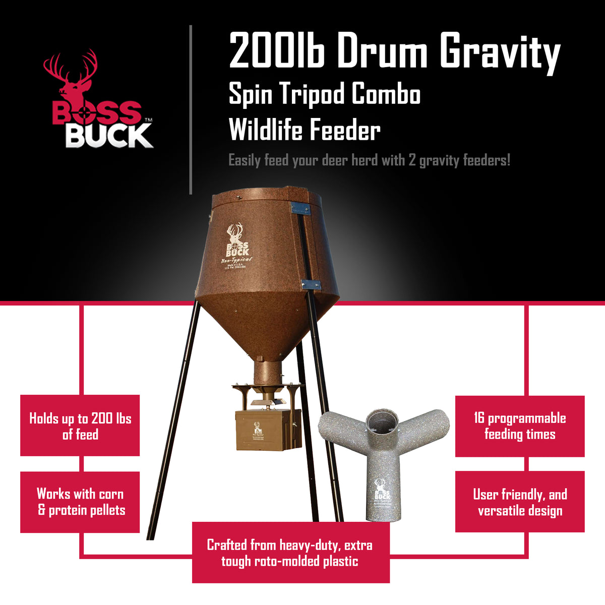 Boss Buck Texas 2 Step 200lbs Drum Gravity Spin Tripod Wildlife Feeder(Open Box) - VMInnovations
