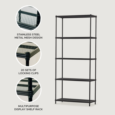 Design Ideas MeshWorks 5 Tier Metal Storage Shelving Unit Rack Bookshelf, Black