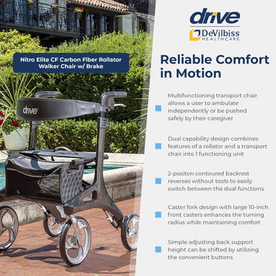 Drive Medical Nitro Elite CF Carbon Fiber Rollator Walker Chair w/ Brake, Black