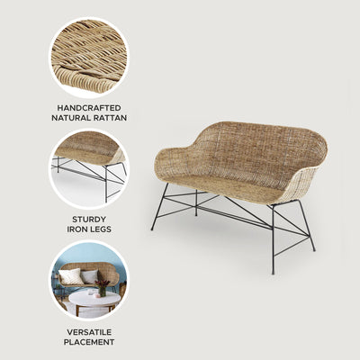 texxture Ormond Woven Rattan Settee with Metal Legs, Home Furniture, Natural - VMInnovations