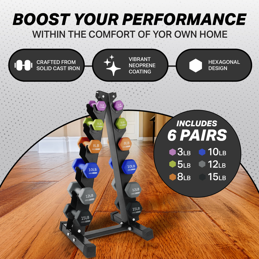 HolaHatha 3, 5, 8, 10, 12 & 15Lb Dumbbell Weight Set w/Storage Rack (For Parts) - VMInnovations