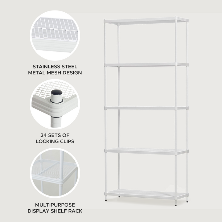 Design Ideas MeshWorks 5 Tier Metal Storage Shelving Unit Rack Bookshelf, White