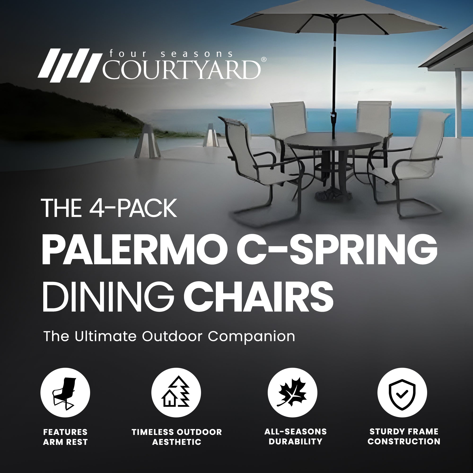 Four Seasons Courtyard Palermo C-Spring Sling Fabric Outdoor Chair, Gray, 4 Pack - VMInnovations
