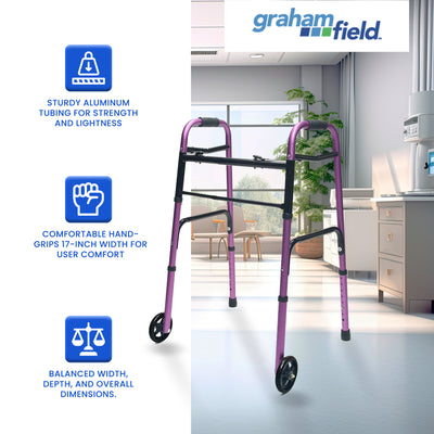 Lumex Everyday Adult Walker Walking Aid with 5" Front Wheels & Glide Tips, Plum - VMInnovations
