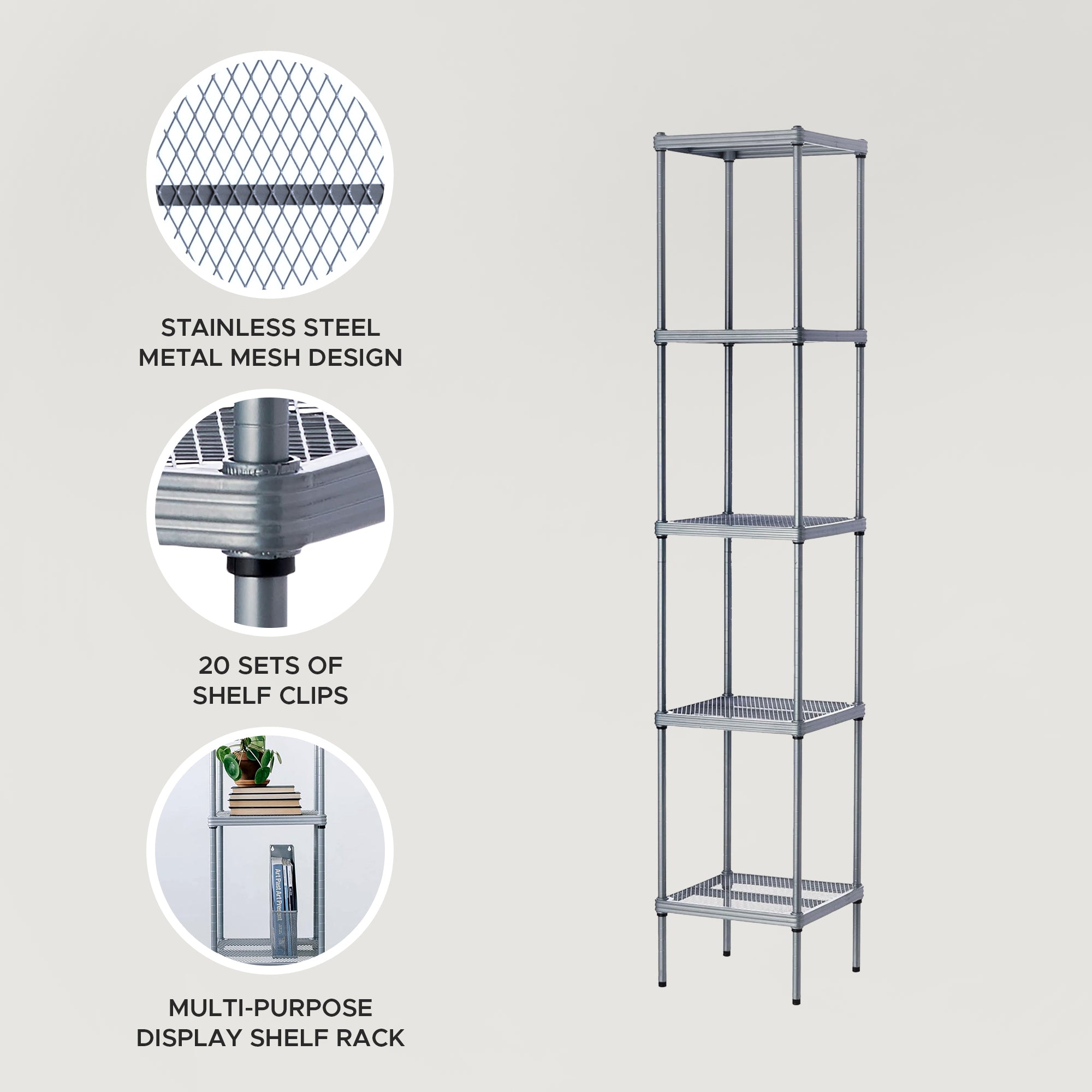 Design Ideas MeshWorks 5 Tier Tower Storage Shelving Unit Rack, Silver(Open Box) - VMInnovations