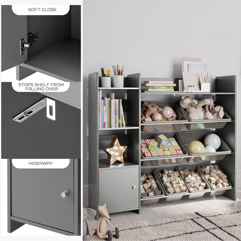 Sturdis Kids Toy Storage Organizer with Cabinet, Bookshelf and 8 Toy Bins, Gray