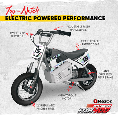 Razor MX400 Dirt Rocket 24V Electric Toy Motocross Motorcycle Dirt Bike, White