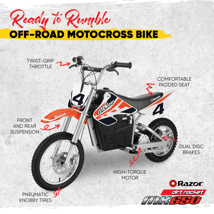 Razor MX650 Dirt Rocket High-Torque Electric Motocross Dirt Bike, 17 MPH, Orange