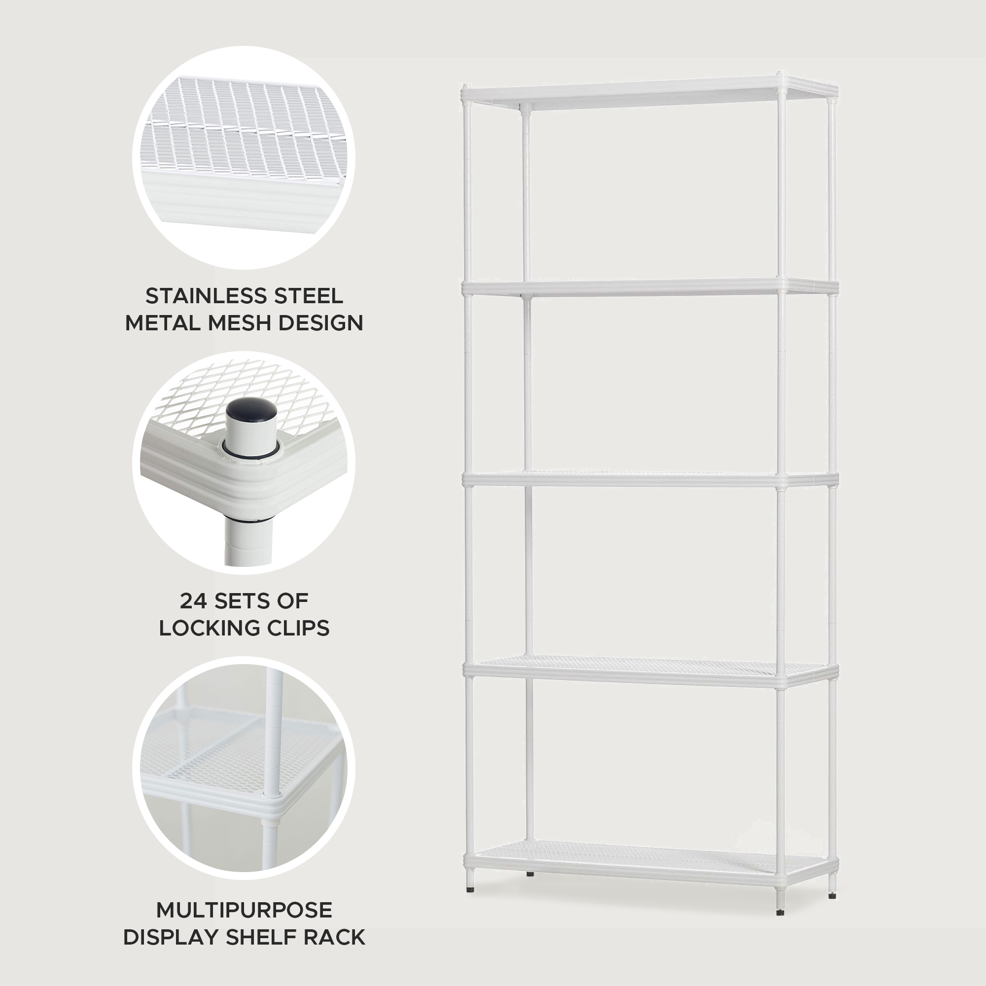 Design Ideas MeshWorks 5 Tier Metal Storage Shelving Unit Rack Bookshelf, White - VMInnovations
