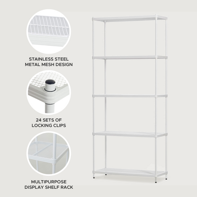 Design Ideas MeshWorks 5 Tier Metal Storage Shelving Unit Rack Bookshelf, White - VMInnovations