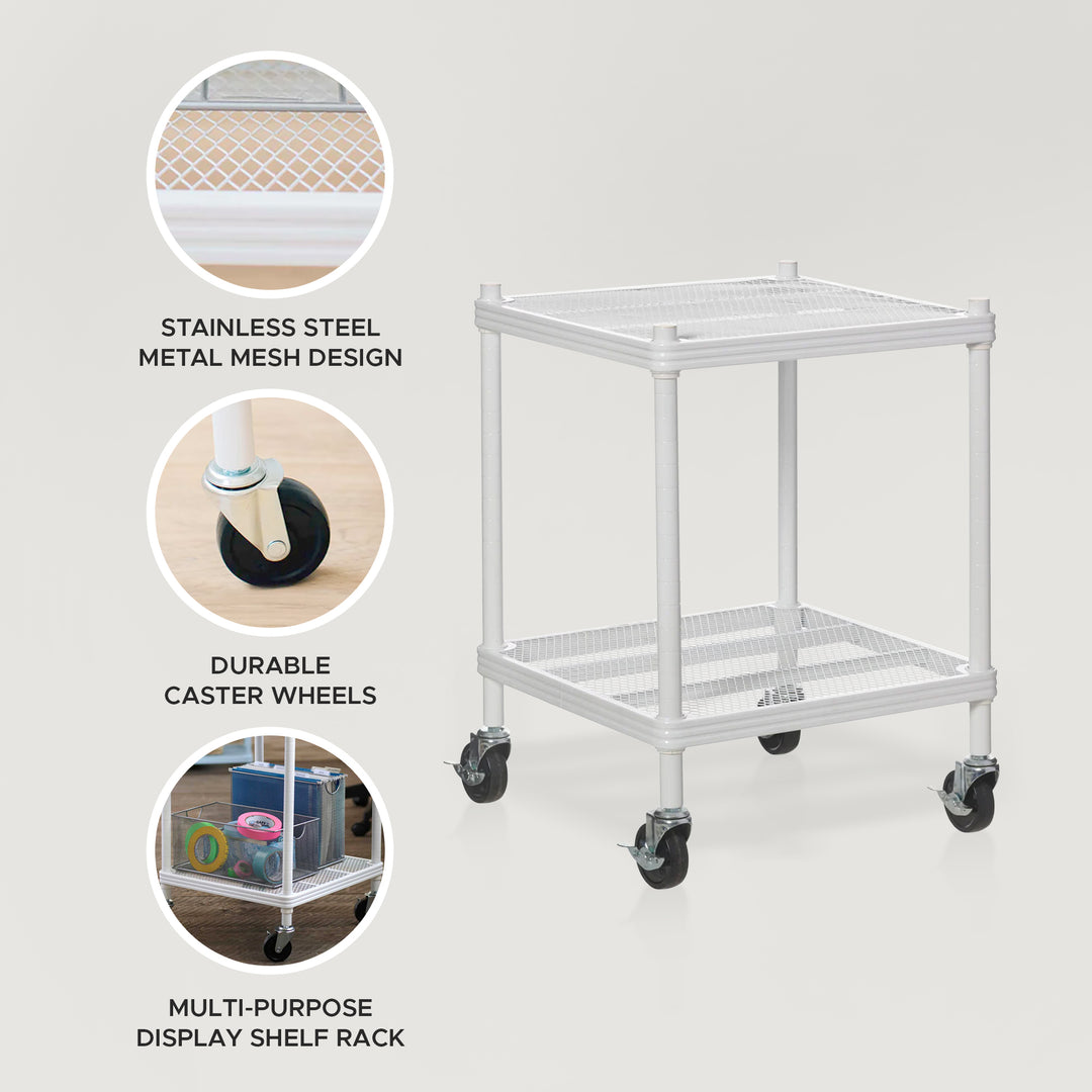 Design Ideas MeshWorks 2 Tier Wheeled Metal Storage Shelving Unit Cart, White - VMInnovations