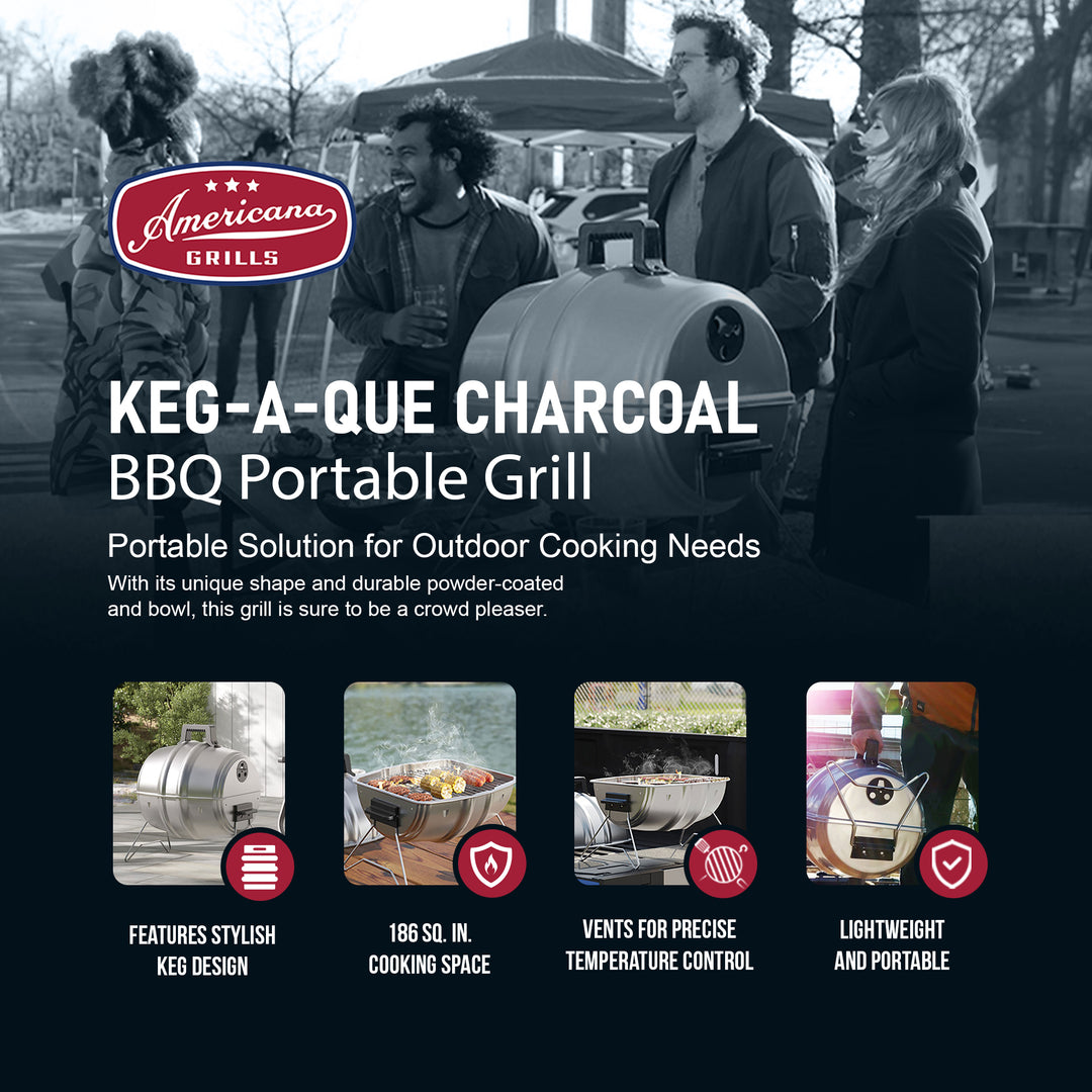 Americana Grills Keg A Que Charcoal BBQ Portable Grill, 186 Square Inch, Silver