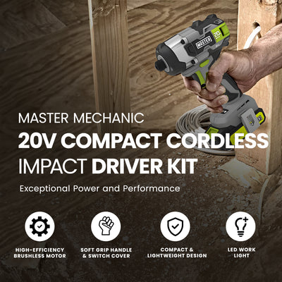 Master Mechanic 20 Volt Compact Cordless Impact Driver Kit with Brushless Motor