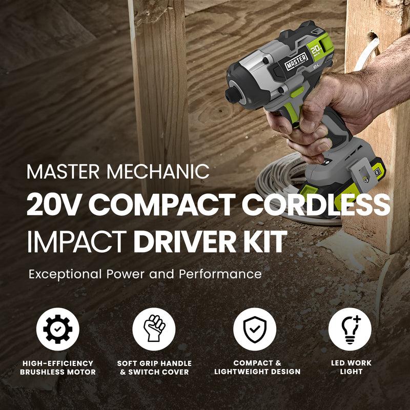 Master Mechanic 20 Volt Compact Cordless Impact Driver Kit with Brushless Motor