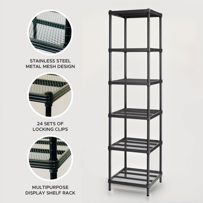 Design Ideas MeshWorks 6 Tier Tower Metal Storage Shelving Unit Rack, Black - VMInnovations