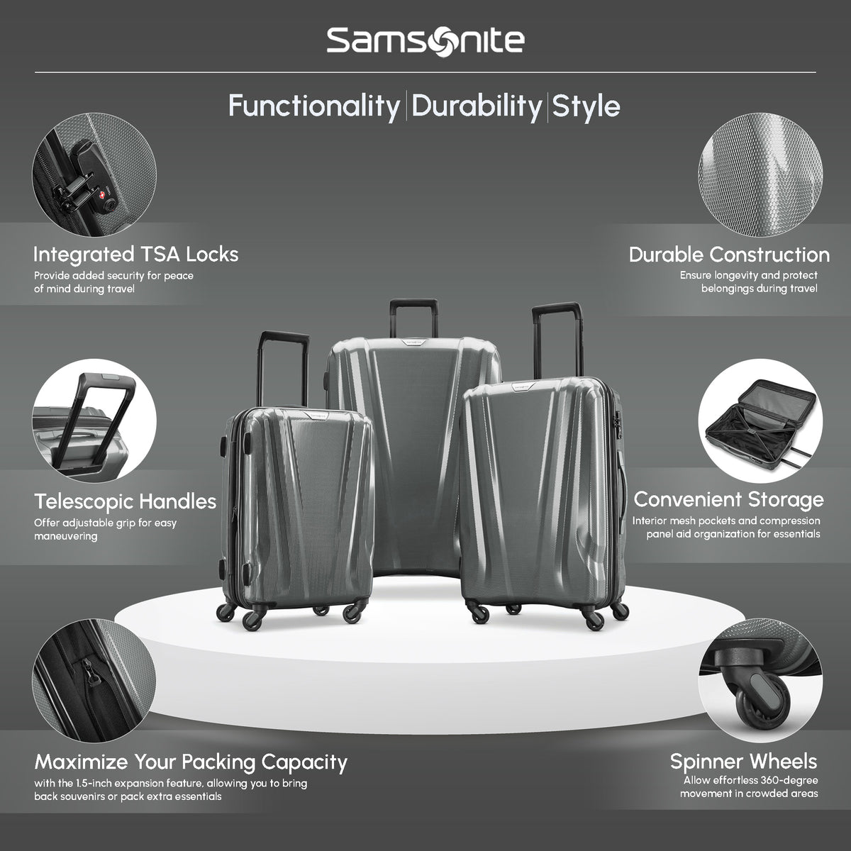Samsonite SWERV Spinner 3pc Carry-On, Medium & Large Luggage Set, Silver (Used)