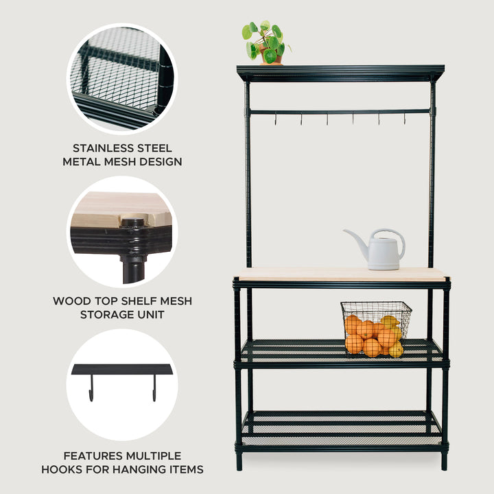 Design Ideas MeshWorks Metal Storage Utility Wood Top Shelving Unit Rack, Black - VMInnovations