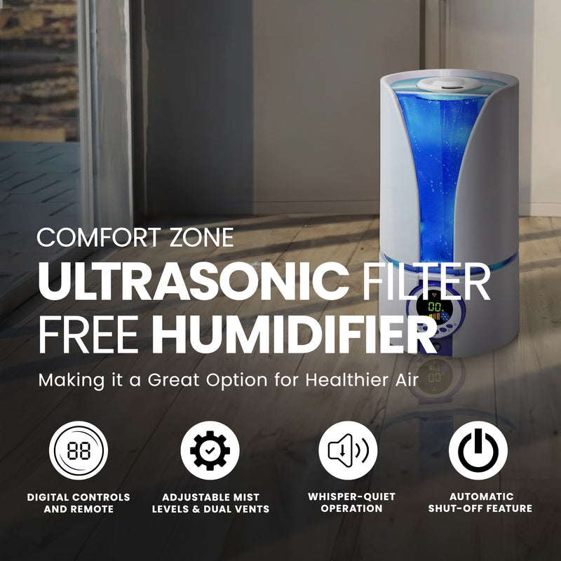 Comfort Zone Ultrasonic Filter Free Humidifier with Digital Controls, White