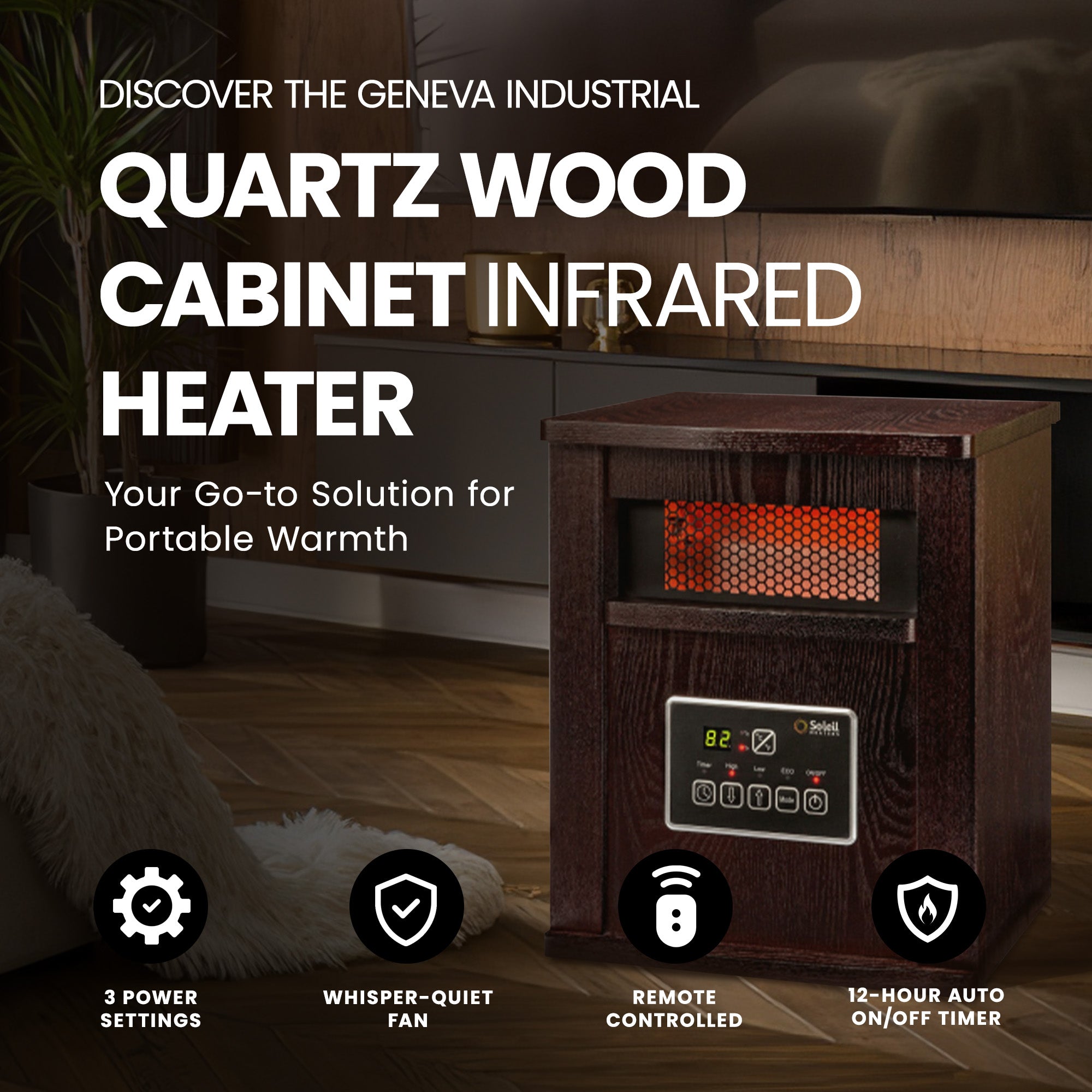 Geneva Industrial Infrared Quartz Wood Cabinet Space Heater with Remote Control - VMInnovations