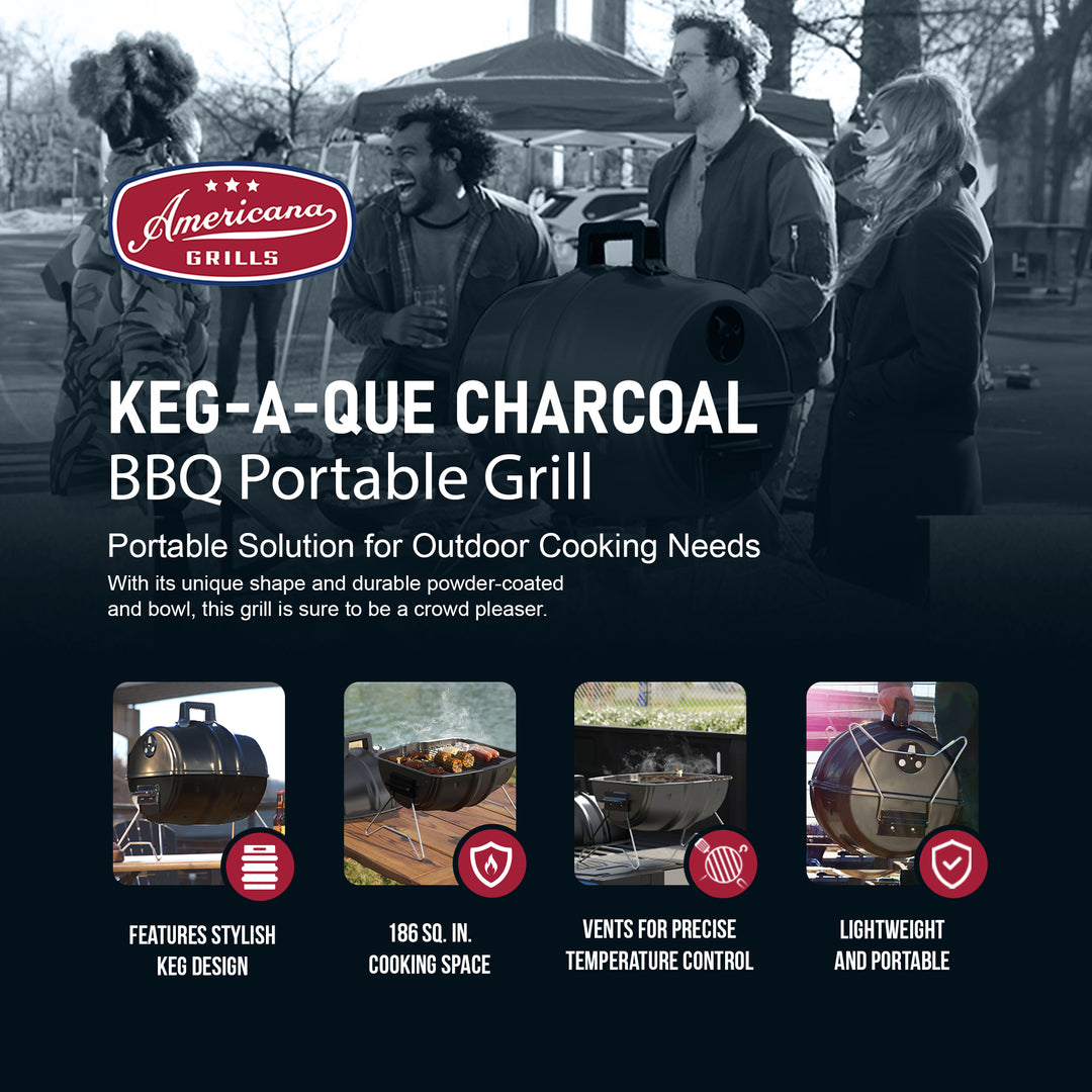 Americana Grills Keg A Que Charcoal BBQ Portable Grill, 186 Square Inch, Black - VMInnovations