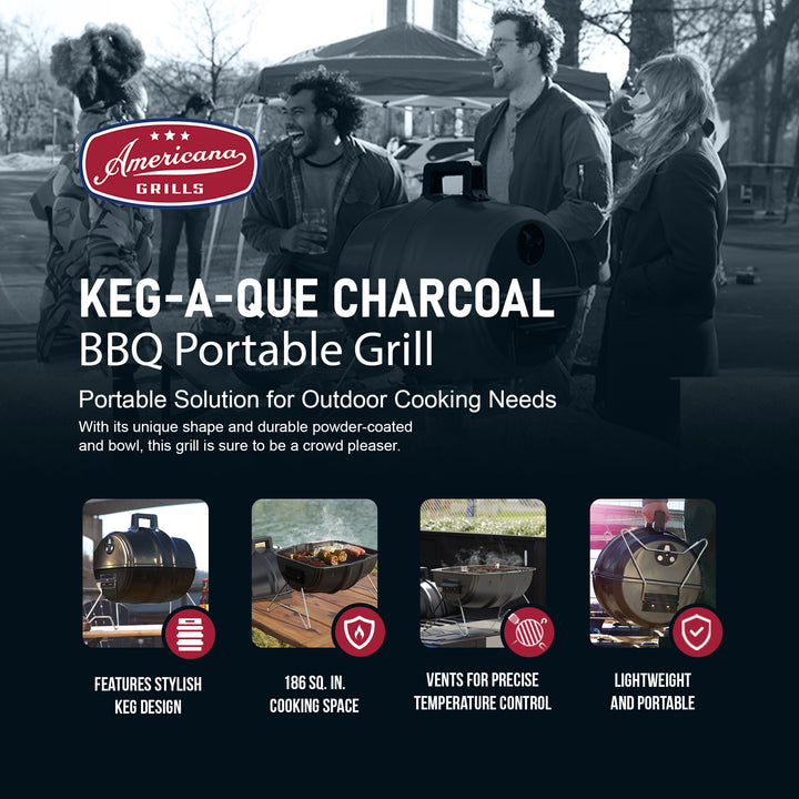 Americana Grills Keg A Que Charcoal BBQ Portable Grill, 186 Square Inch, Black
