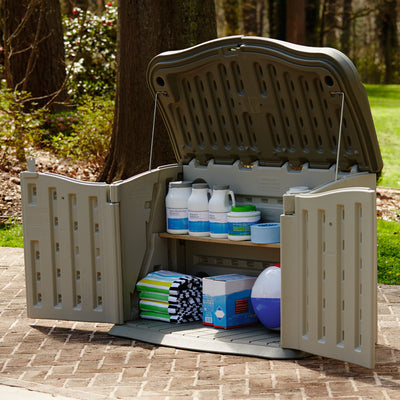 Rubbermaid Portable Outdoor Split Lid Shed w/ Impact-Resistant Floor, Sandstone