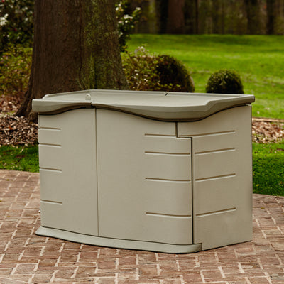 Rubbermaid Portable Outdoor Split Lid Shed w/ Impact-Resistant Floor, Sandstone
