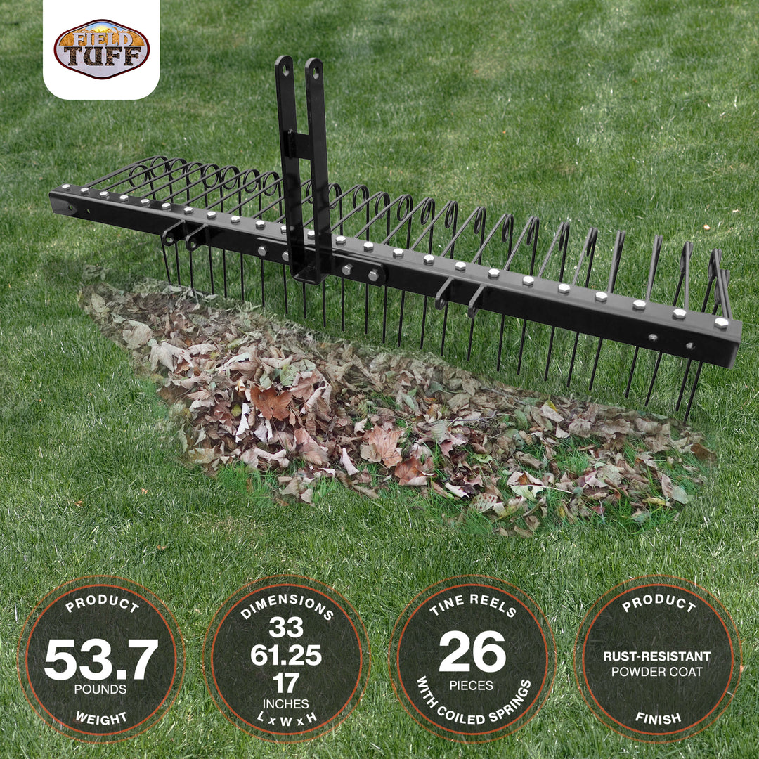 Field Tuff 60 Inch Pine Straw Rake w/ Coil Spring Tines & 3 Point Hitch, Steel - VMInnovations