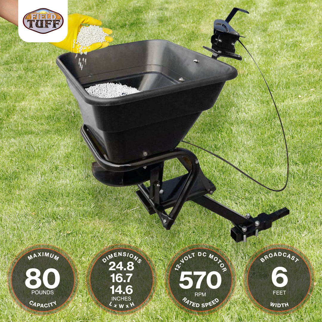 Field Tuff 12V ATV Hitch Mount Receiver 80 lb. Grass, Seed, Fertilizer Spreader