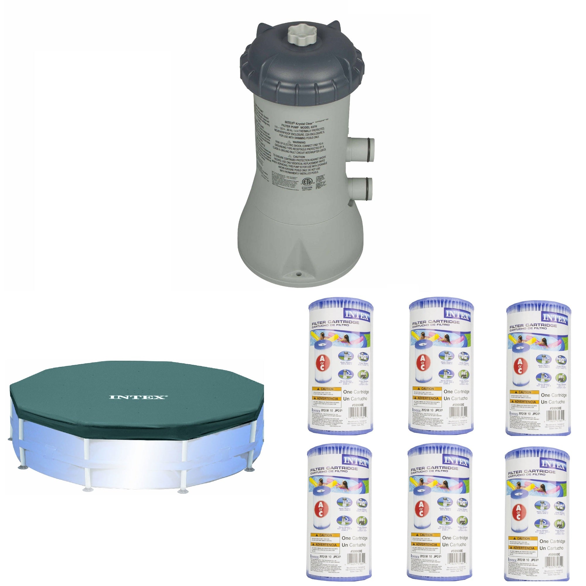 Intex 1000 GPH Pool Filter, 10 Ft Round Pool Cover & Type A Filters (6)