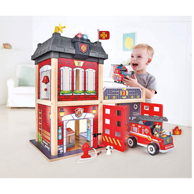 Hape Wooden Kid's Tri-Level City Fire Station Dollhouse Playset, Ages 3 and Up