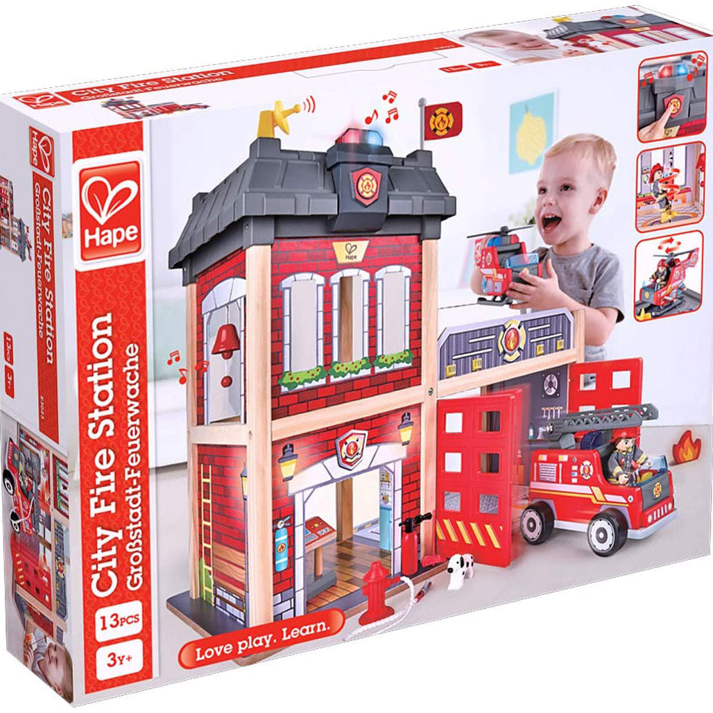 Hape Wooden Kid's Tri-Level City Fire Station Dollhouse Playset, Ages 3 and Up