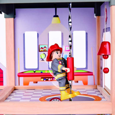 Hape Wooden Kid's Tri-Level City Fire Station Dollhouse Playset, Ages 3 and Up