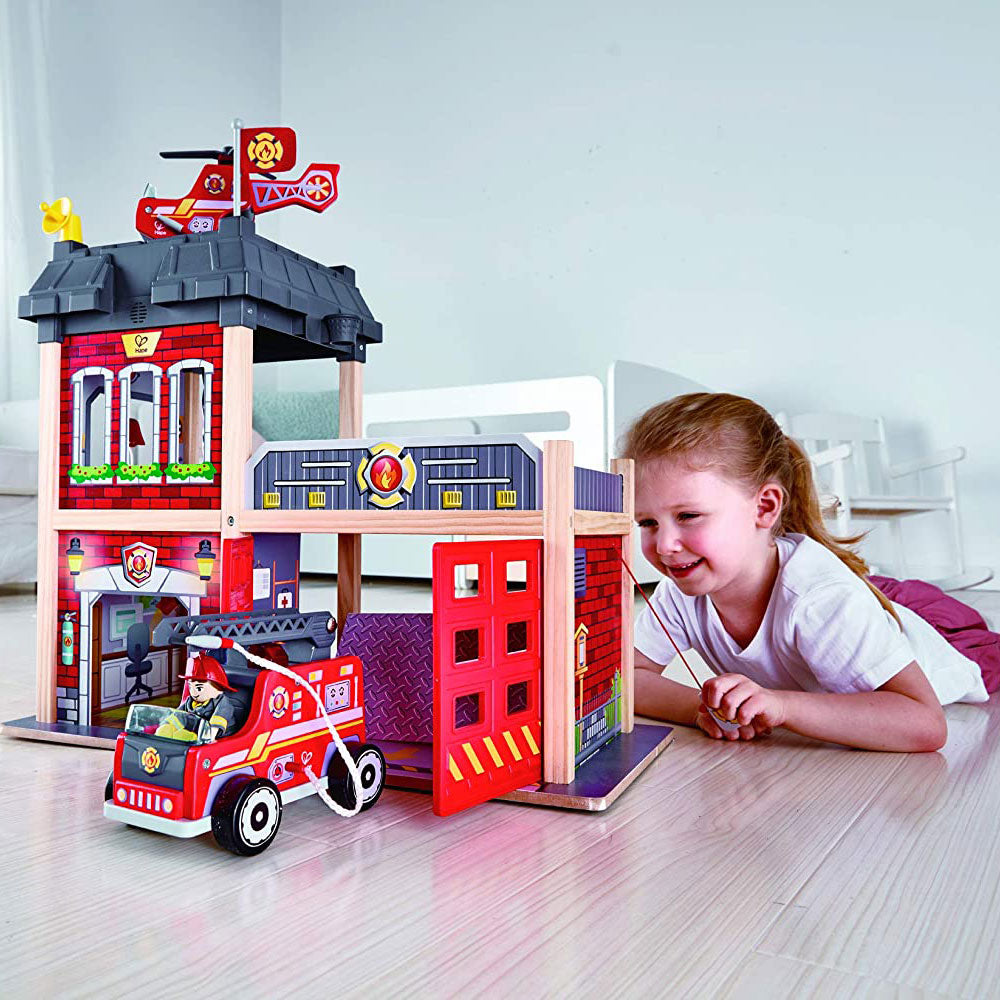 Hape Wooden Kid's Tri-Level City Fire Station Dollhouse Playset, Ages 3 and Up