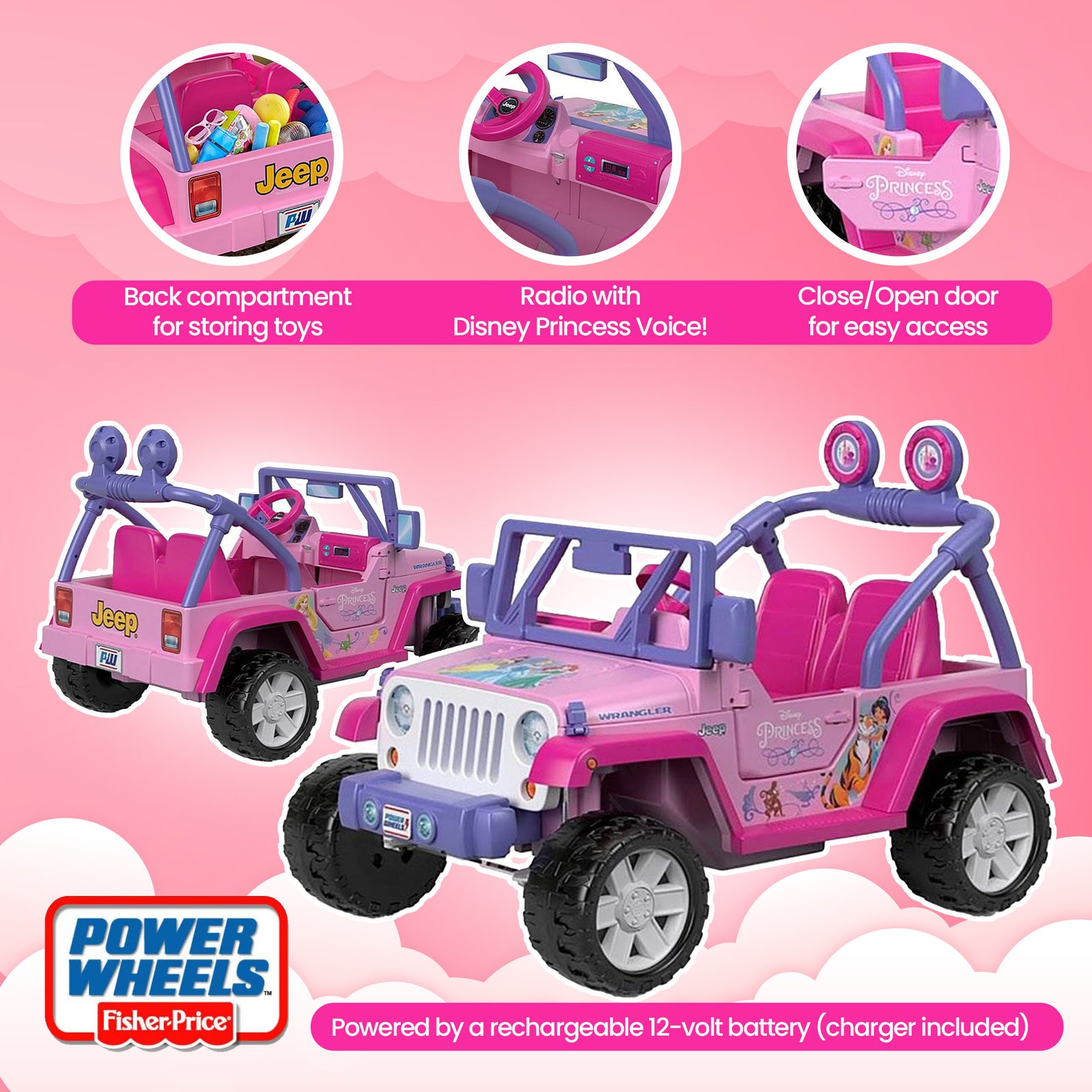 Power Wheels Kids Electric 12 Volt Toy Car Ride On Disney Princess Jeep Wrangler - VMInnovations