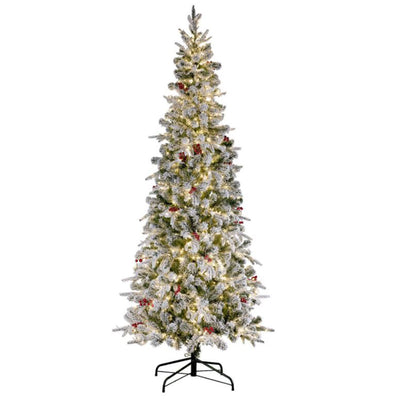 Haute Decor 7' Slim Flocked Fir w/ LED Lights & Red Berry Clusters (For Parts)